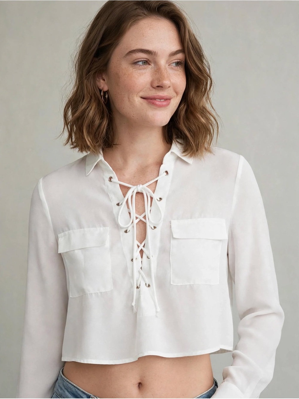 Fashion Nova Women's Lace-Up Cropped Shirt Top - White